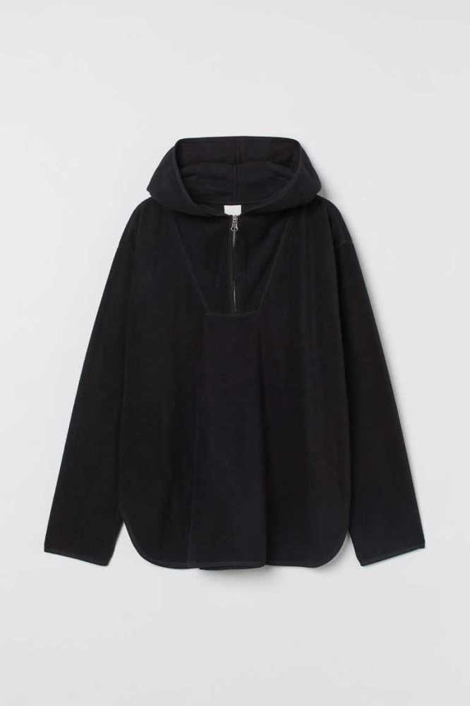 H&M Fleece Hoodie Damen Schwarz | 3086-REOAF