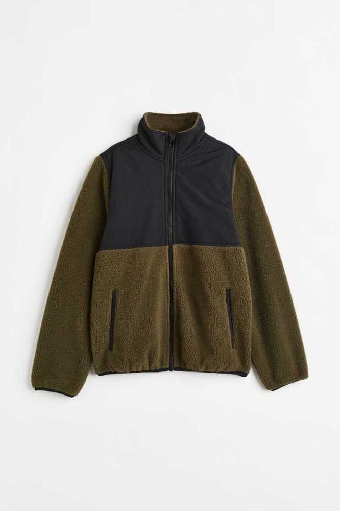 H&M Fleece Jacket Oberbekleidung Kinder Dunkelkhaki Grün Schwarz | 7185-UQGVK