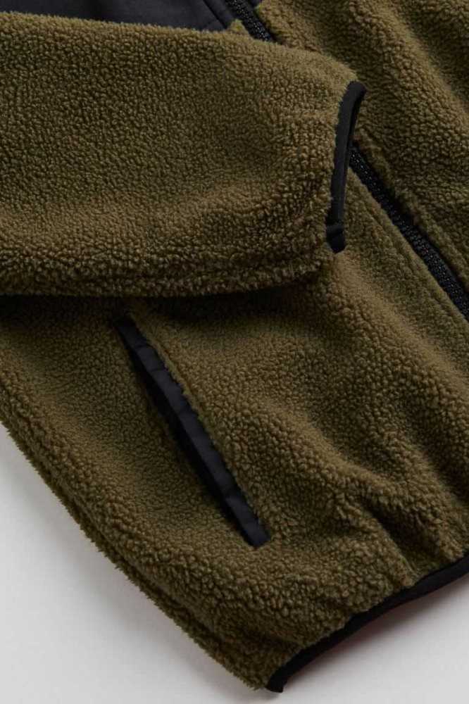 H&M Fleece Jacket Oberbekleidung Kinder Dunkelkhaki Grün Schwarz | 7185-UQGVK