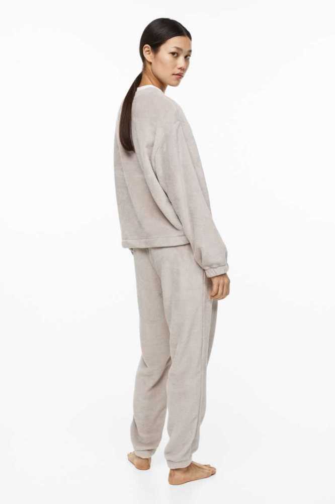 H&M Fleece Pajamas Nachtwäsche Damen Hellgrau Braun | 3605-TQHFJ