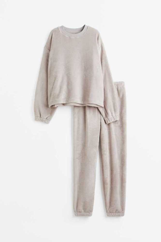 H&M Fleece Pajamas Nachtwäsche Damen Hellgrau Braun | 3605-TQHFJ