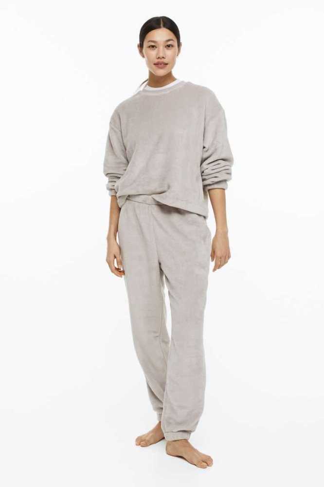 H&M Fleece Pajamas Nachtwäsche Damen Hellgrau Braun | 3605-TQHFJ