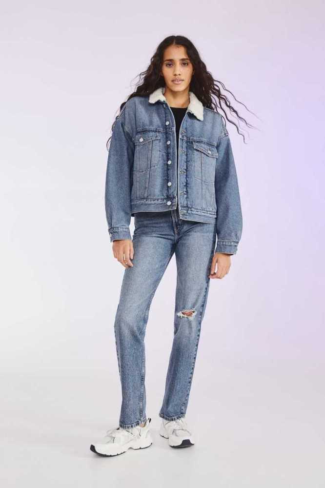 H&M Fleece-lined Denim Jacke Damen Blau Weiß | 6580-JOKBX