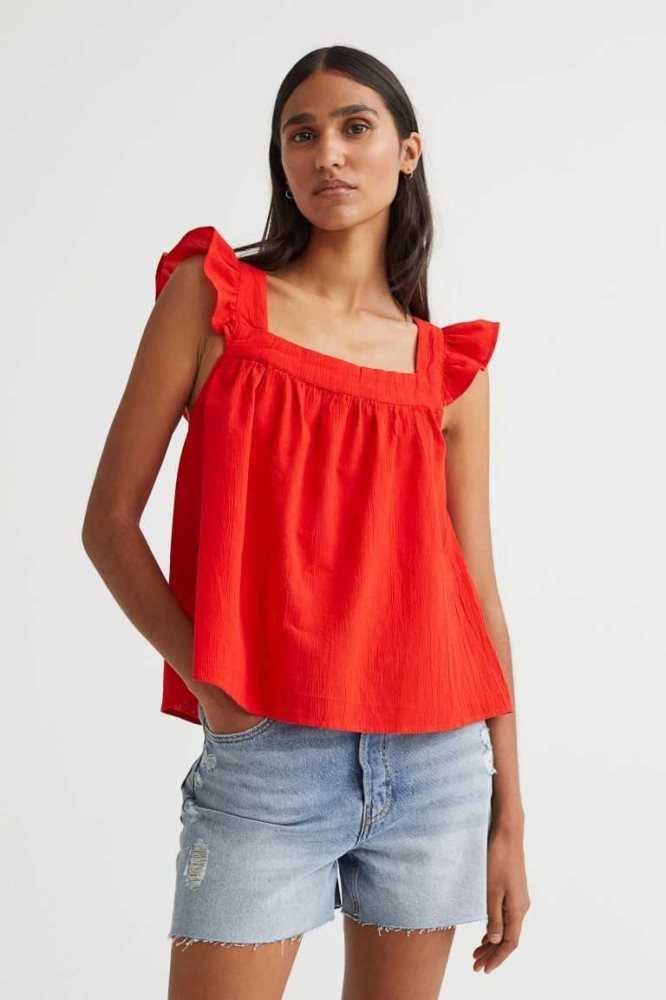 H&M Flounce-trimmed Oberteile Damen Weiß | 2518-OJZMK