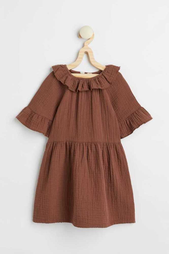 H&M Flounced Double-weave Kurzes Kleid Kinder Dunkelbraun | 2451-LJCMD