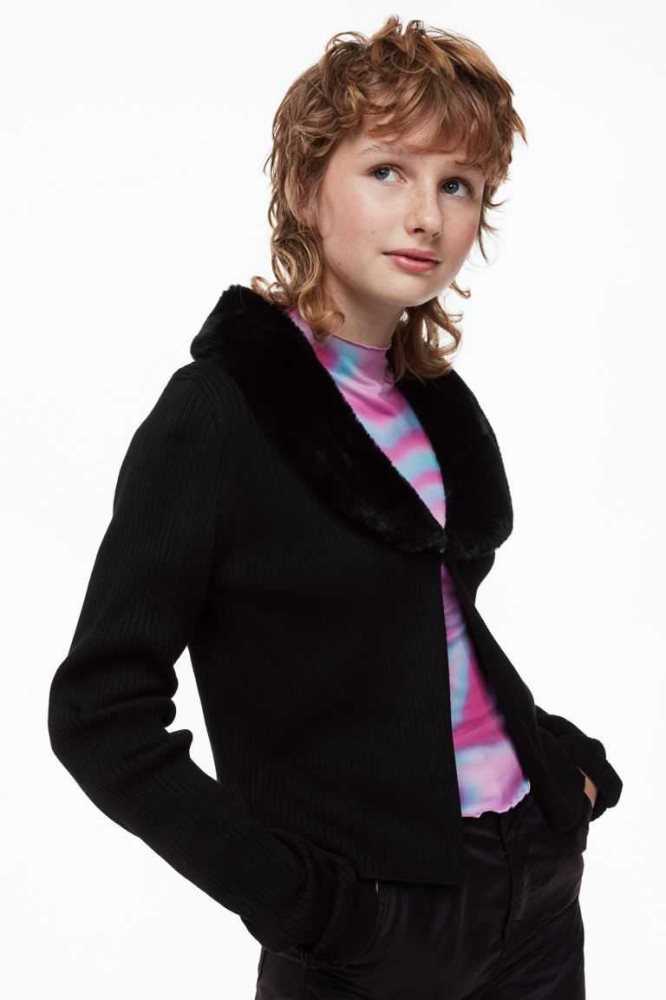 H&M Fluffy-collared Strickjacke Kinder Schwarz | 3572-ZHCPK