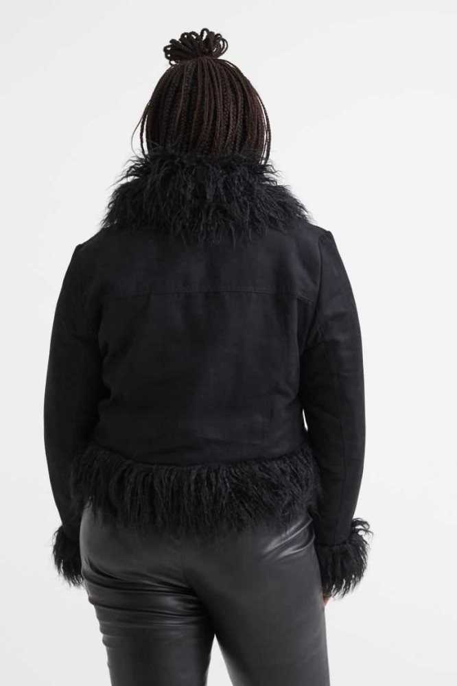 H&M Fluffy-trimmed Jacket Übergröße Damen Schwarz | 0719-BCFQT