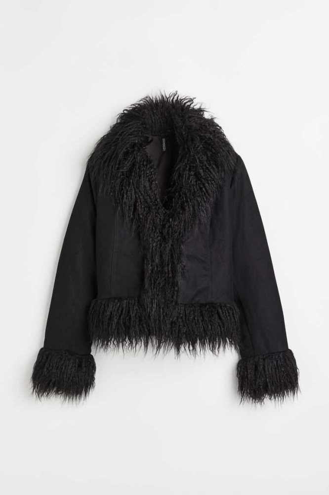 H&M Fluffy-trimmed Jacket Übergröße Damen Schwarz | 0719-BCFQT