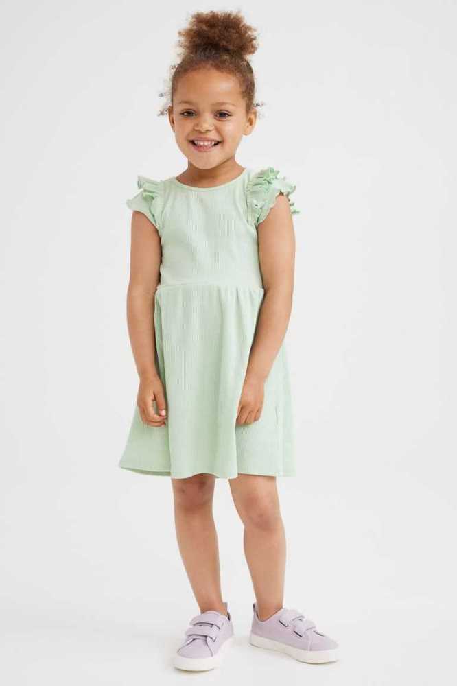 H&M Flutter-sleeved Baumwoll Kurzes Kleid Kinder Hellgrün | 4128-QUHVN