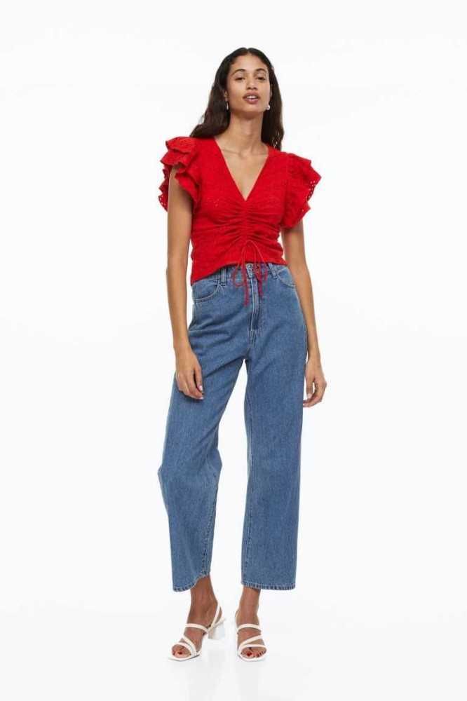 H&M Flutter-sleeved Eyelet Embroidered Oberteile Damen Rot | 2150-XLOSM