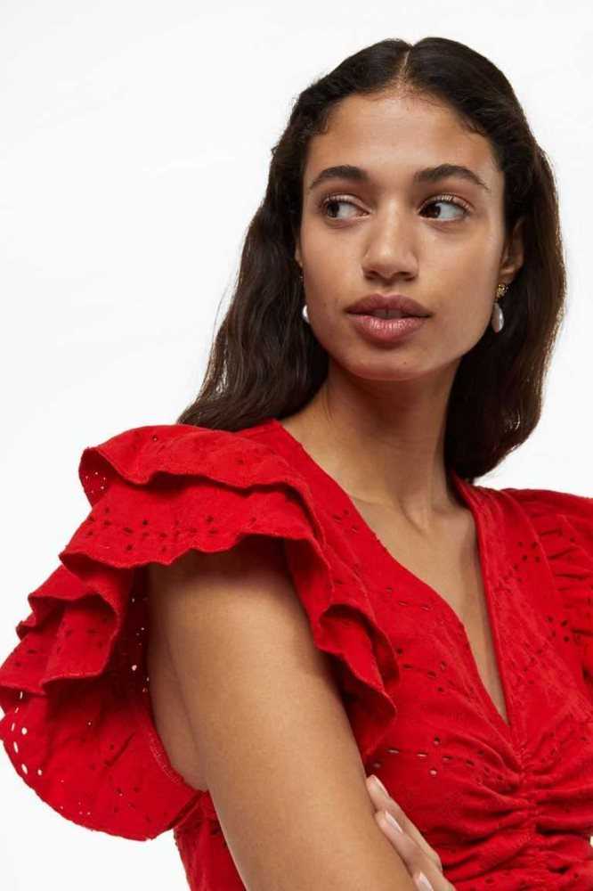 H&M Flutter-sleeved Eyelet Embroidered Oberteile Damen Rot | 2150-XLOSM