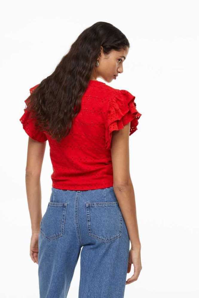 H&M Flutter-sleeved Eyelet Embroidered Oberteile Damen Rot | 2150-XLOSM