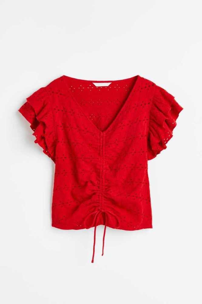 H&M Flutter-sleeved Eyelet Embroidered Oberteile Damen Rot | 2150-XLOSM