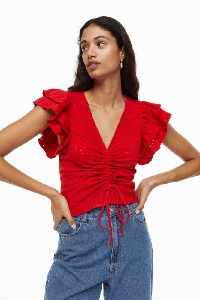 H&M Flutter-sleeved Eyelet Embroidered Oberteile Damen Rot | 2150-XLOSM