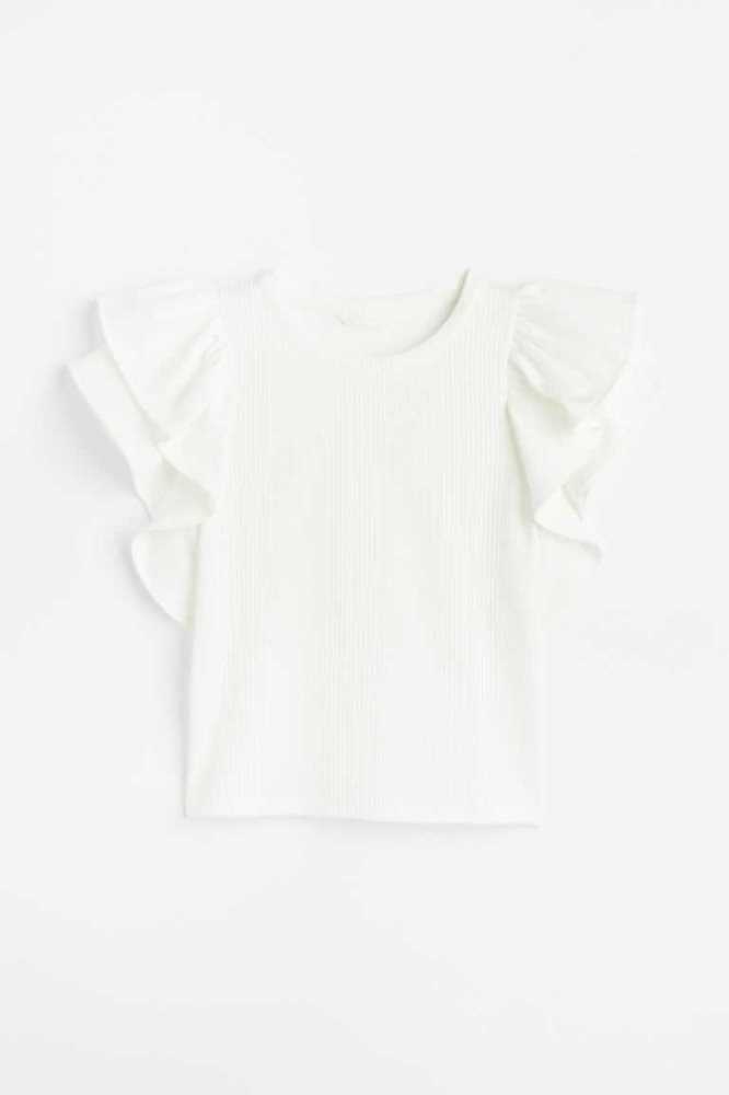 H&M Flutter-sleeved Gerippt Oberteile Damen Weiß | 7469-VOHLQ