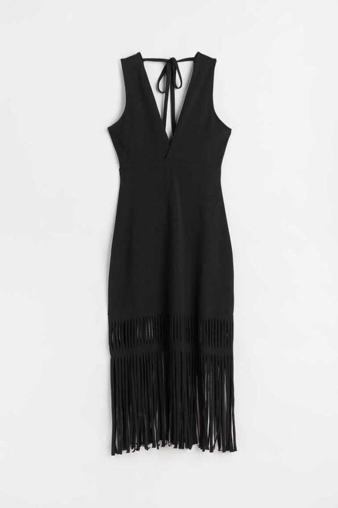 H&M Fringe-trimmed Kleider Damen Schwarz | 8069-KCTNE