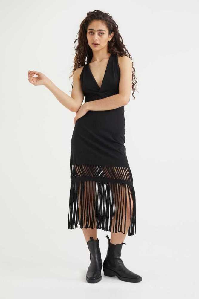 H&M Fringe-trimmed Kleider Damen Schwarz | 8069-KCTNE