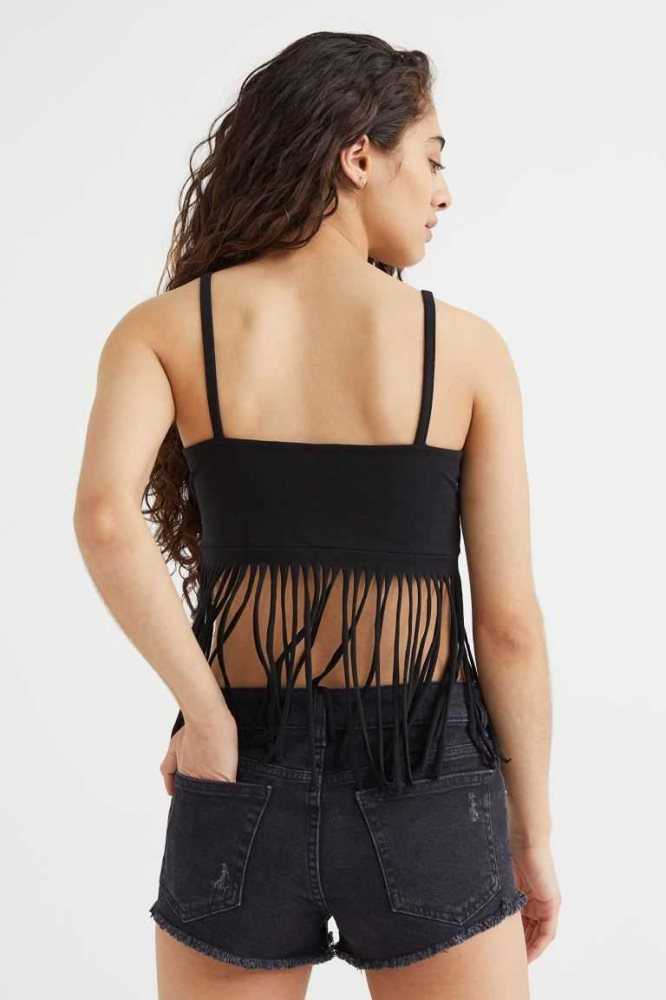 H&M Fringe-trimmed Oberteile Damen Schwarz | 4361-FCTEW