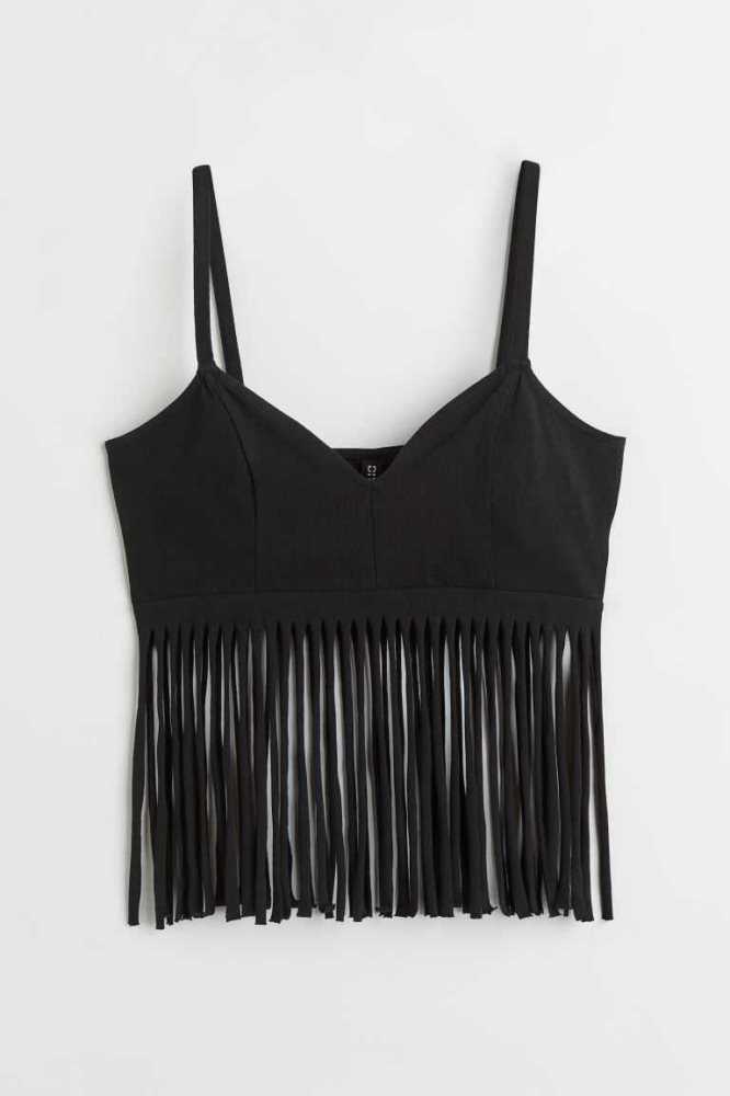 H&M Fringe-trimmed Oberteile Damen Schwarz | 4361-FCTEW