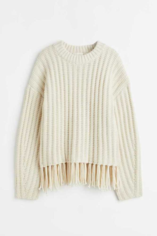 H&M Fringe-trimmed Pullover Damen Weiß | 9512-MAWQR