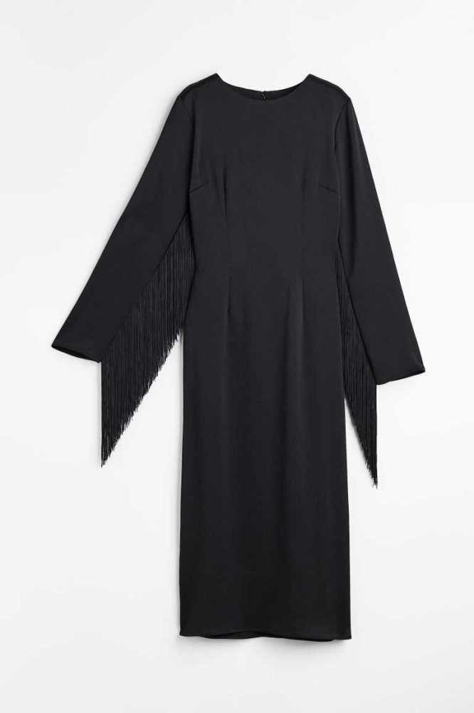 H&M Fringe-trimmed Satin Kleider Damen Schwarz | 8175-VNCRK