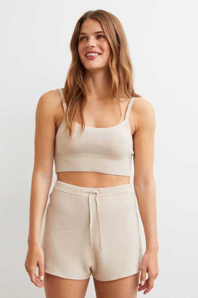 H&M Garter-stitched Shorts Loungewear Damen Hellbeige | 8072-JOAKH