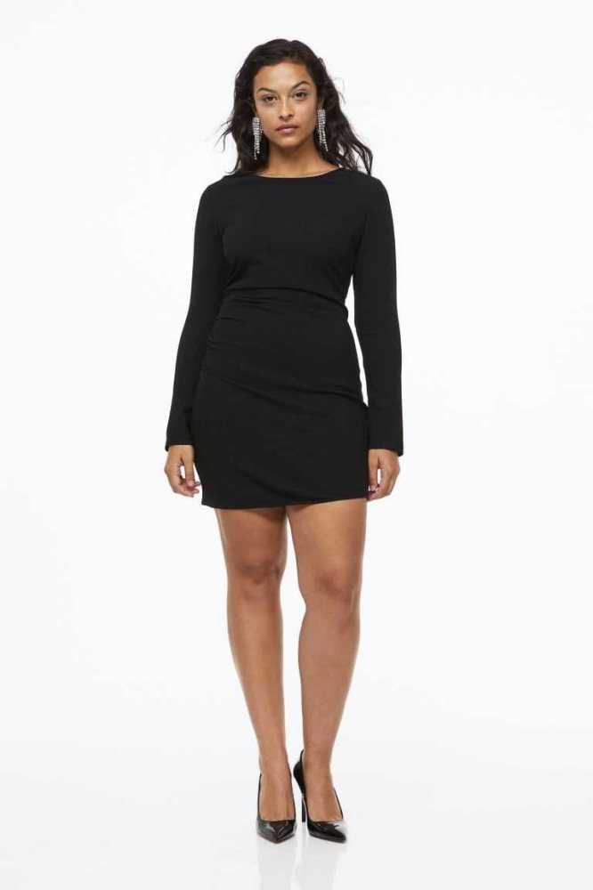 H&M Gathered Creped Kleider Damen Schwarz | 4932-NJFZM