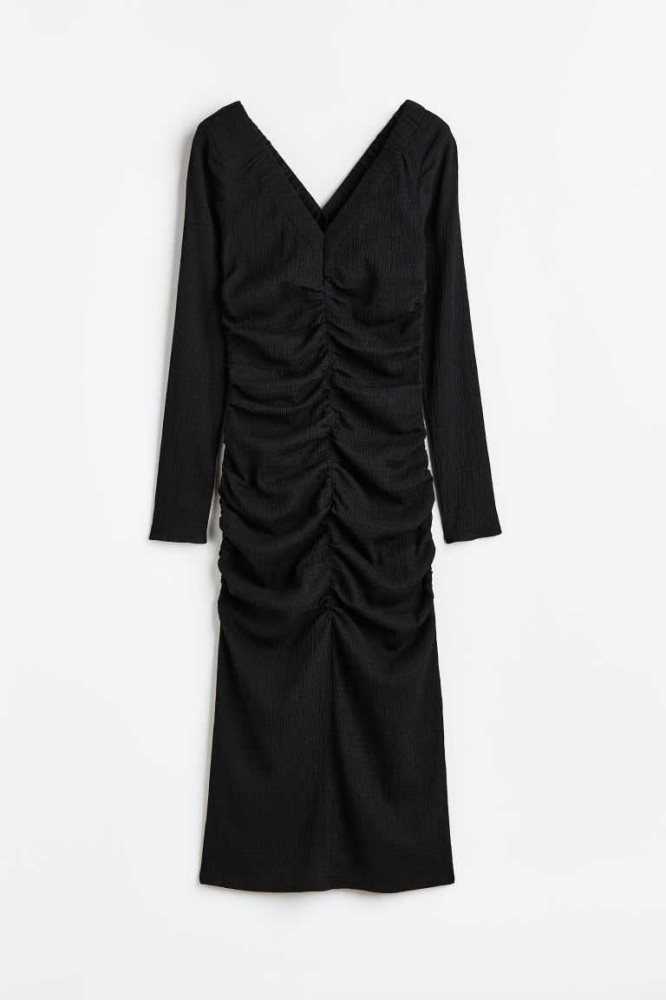 H&M Gathered Creped Kleider Damen Schwarz | 5384-DKXSJ