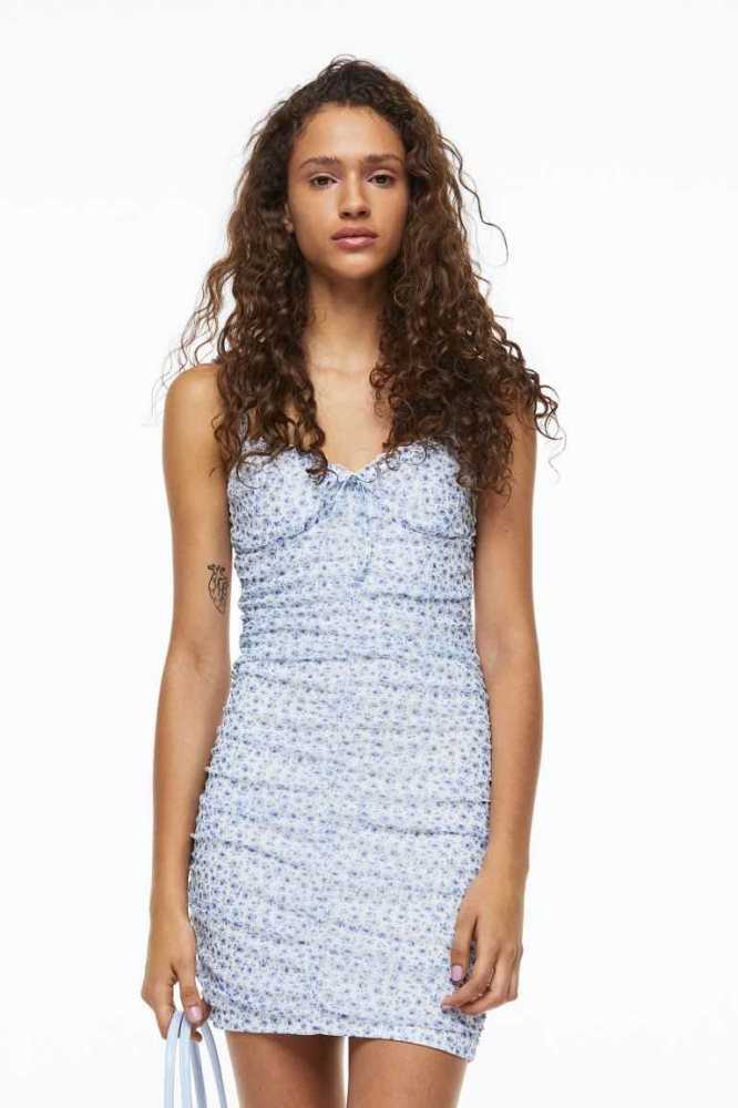 H&M Gathered Mesh Kleider Damen Hellblau | 1325-LTDKA