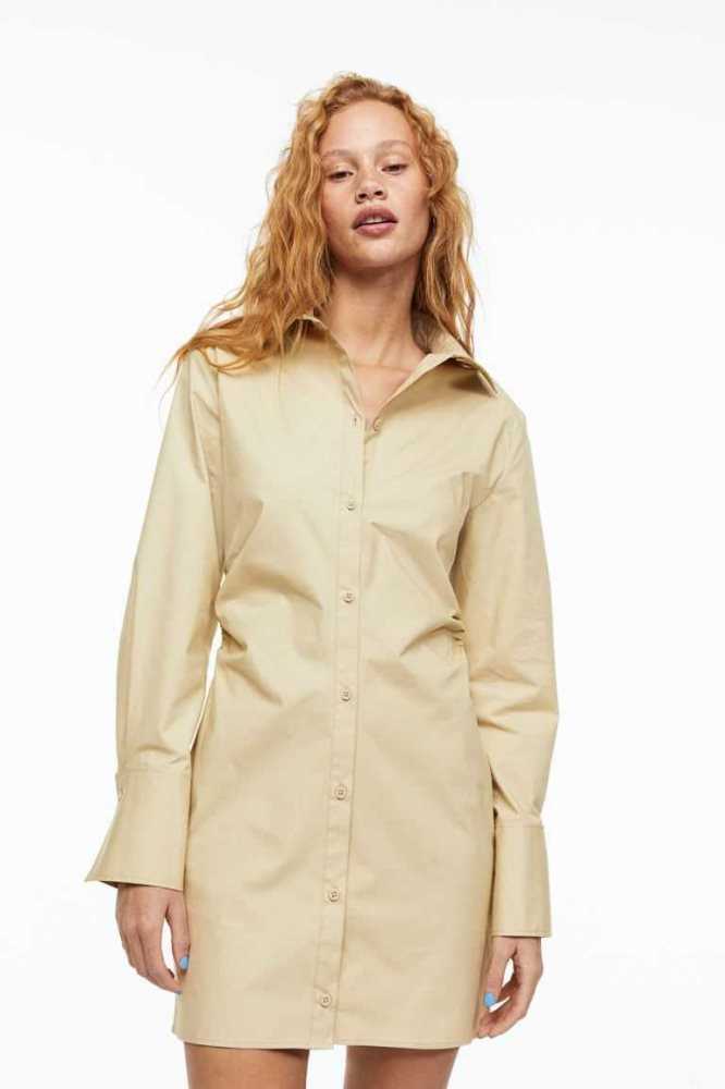 H&M Gathered Poplin Shirt Kleider Damen Beige | 5407-GKLWD