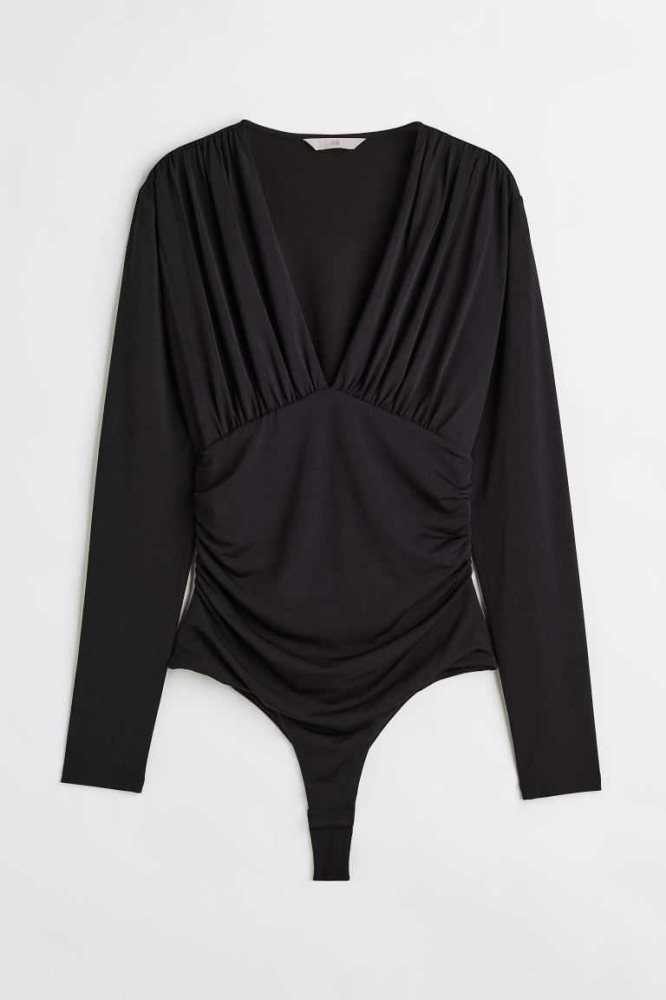 H&M Gathered Tanga Bodysuit Oberteile Damen Schwarz | 4683-KXULR