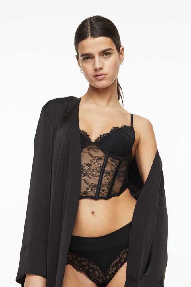 H&M Gepolstert Spitze Bustier Unterwäsche Damen Schwarz | 5160-TPVQS