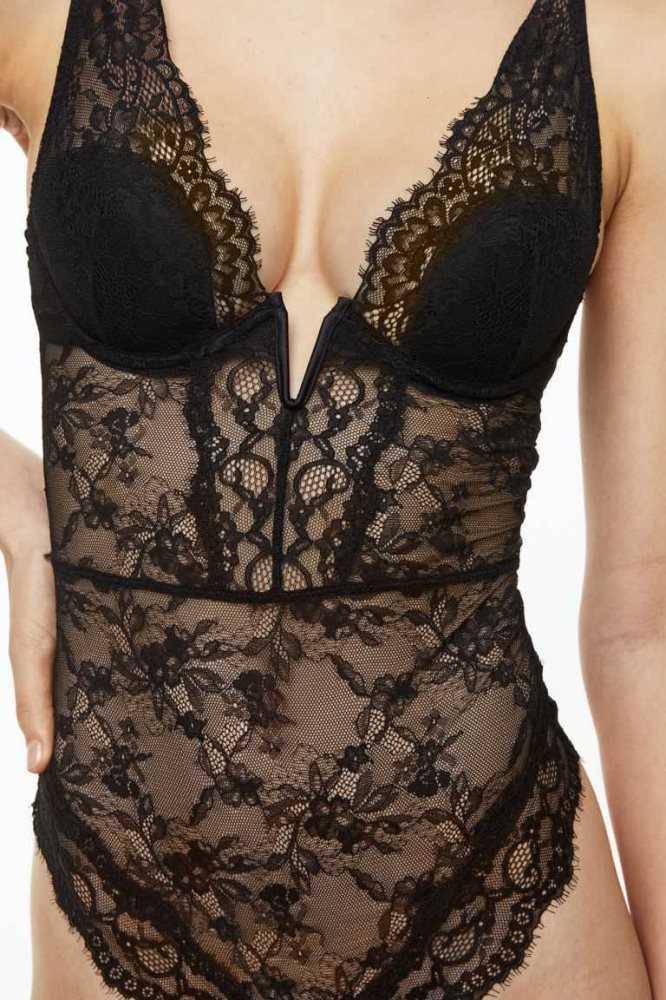 H&M Gepolstert-cup lace body Unterwäsche Damen Schwarz | 7693-YVLHB