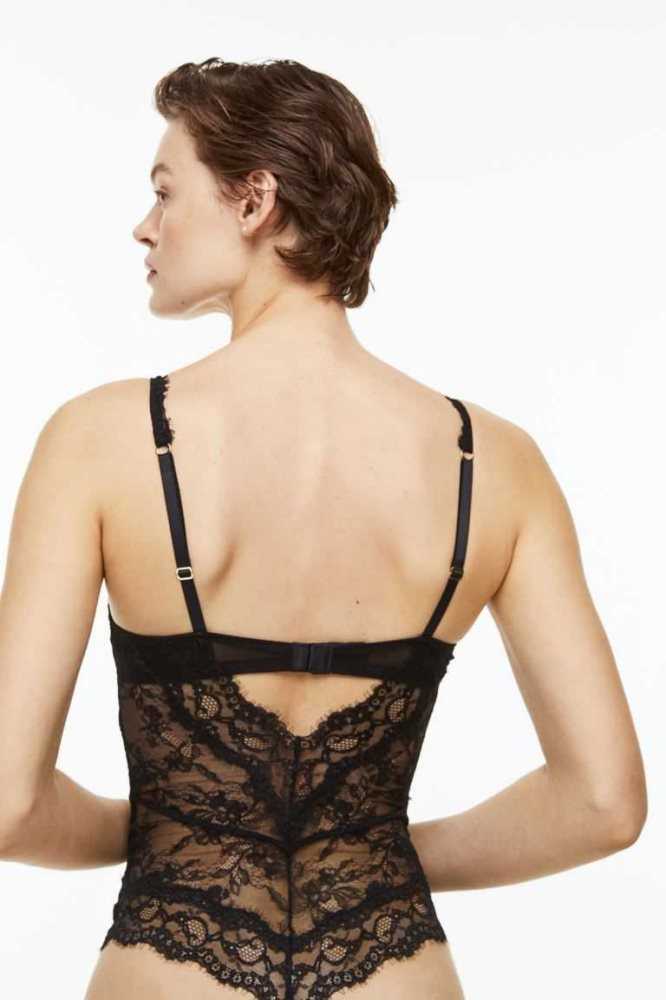 H&M Gepolstert-cup lace body Unterwäsche Damen Schwarz | 7693-YVLHB