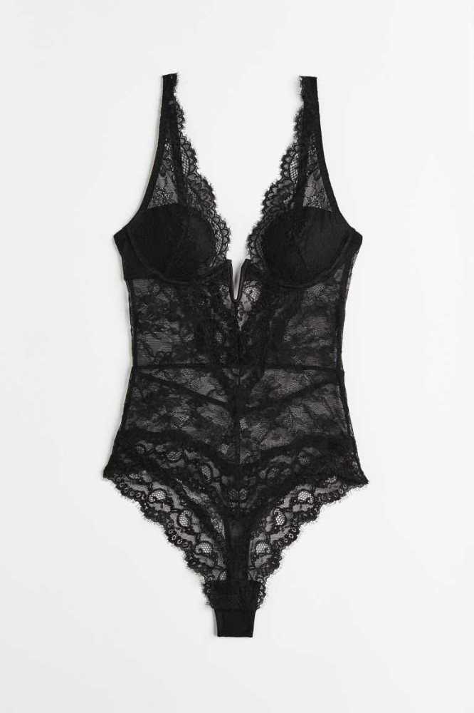 H&M Gepolstert-cup lace body Unterwäsche Damen Schwarz | 7693-YVLHB