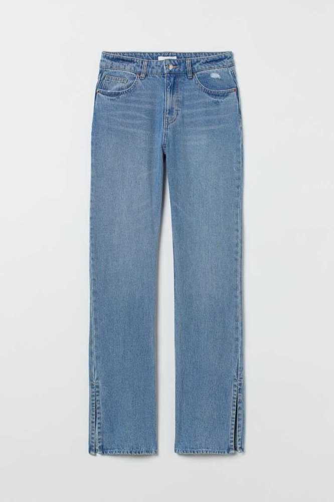 H&M Gerade High Split Jeans Damen Blau | 2350-AMIDX