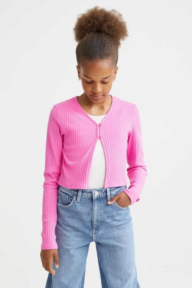 H&M Gerippt Baumwoll Cardigan Jersey Kinder Rosa | 4251-DTRFY