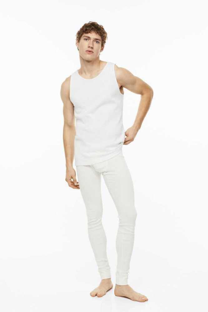 H&M Gerippt Baumwoll Long Johns Unterwäsche Herren Weiß | 8170-XMPTB