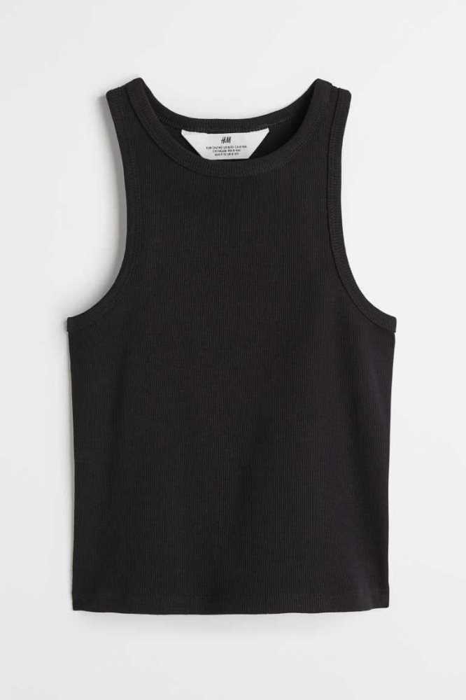 H&M Gerippt Baumwoll Tank Oberteile Kinder Schwarz | 2568-LXAVO