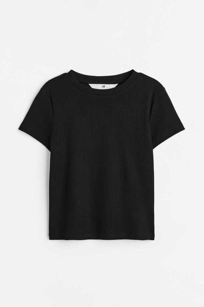 H&M Gerippt Baumwoll Top Jersey Kinder Schwarz | 0942-NIAMV