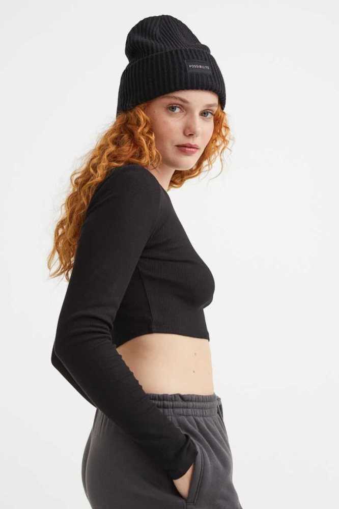 H&M Gerippt Crop Oberteile Damen Dunkelblau | 4021-PJKYX