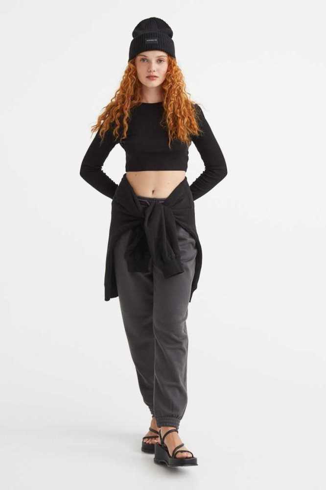 H&M Gerippt Crop Oberteile Damen Dunkelgrau | 3651-IUMNL