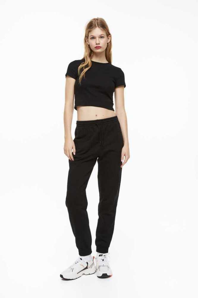 H&M Gerippt Crop Oberteile Damen Schwarz | 3162-WONVM