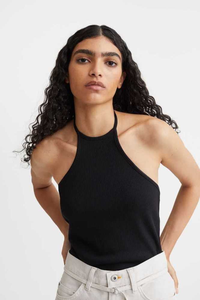 H&M Gerippt Halterneck Oberteile Damen Weiß | 9215-NFYJO