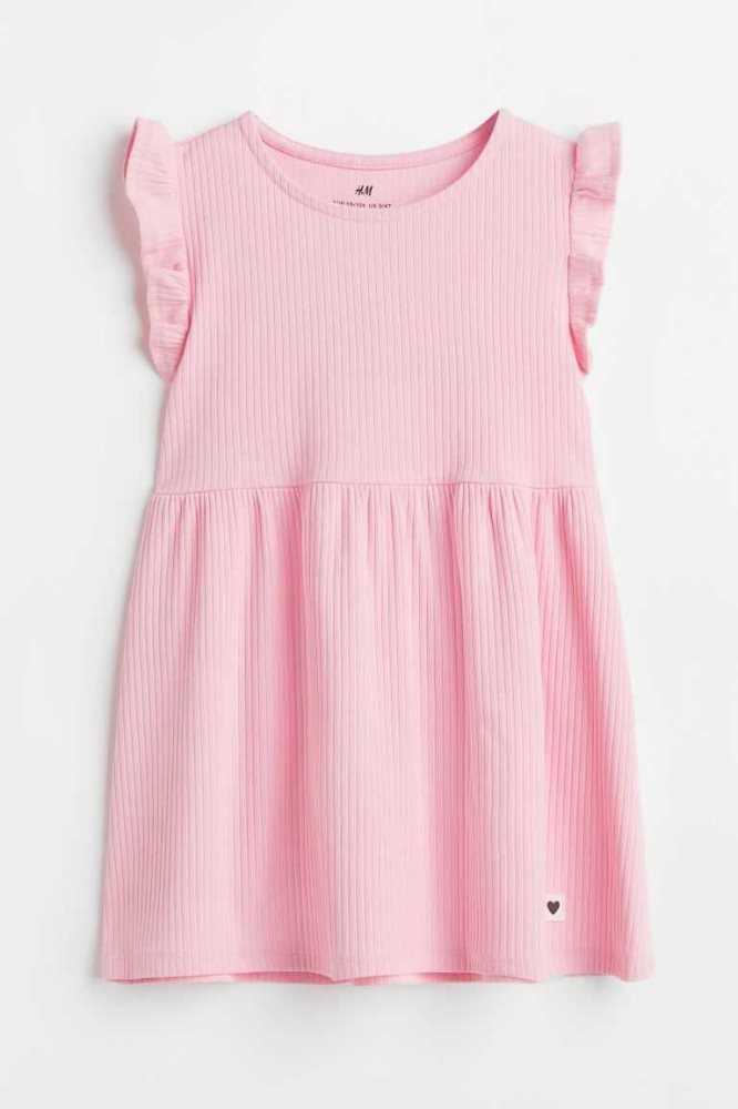 H&M Gerippt Jersey Kurzes Kleid Kinder Hellrosa | 2763-TBJPD