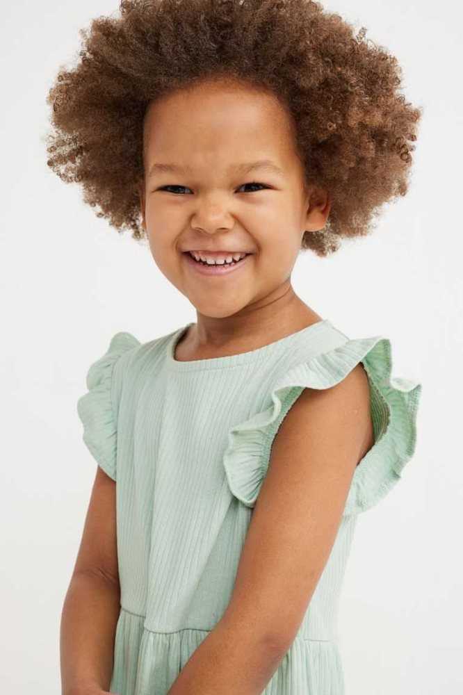 H&M Gerippt Jersey Kurzes Kleid Kinder Hellgrün | 8759-MRVXB