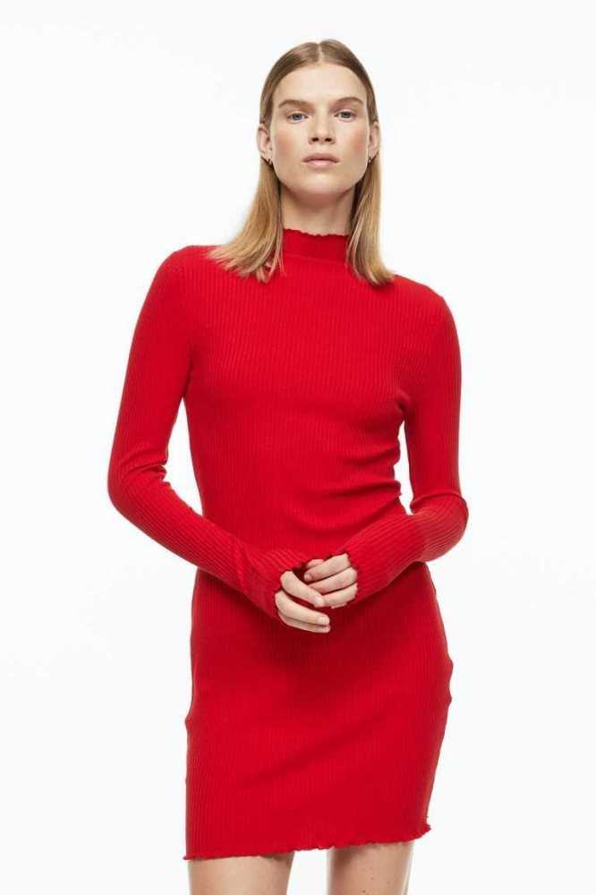 H&M Gerippt Mock Turtleneck Kleider Damen Rot | 8964-IALNW