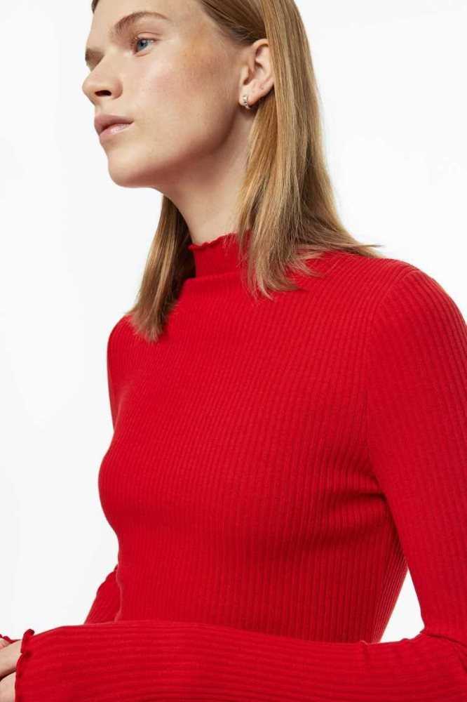 H&M Gerippt Mock Turtleneck Kleider Damen Rot | 8964-IALNW