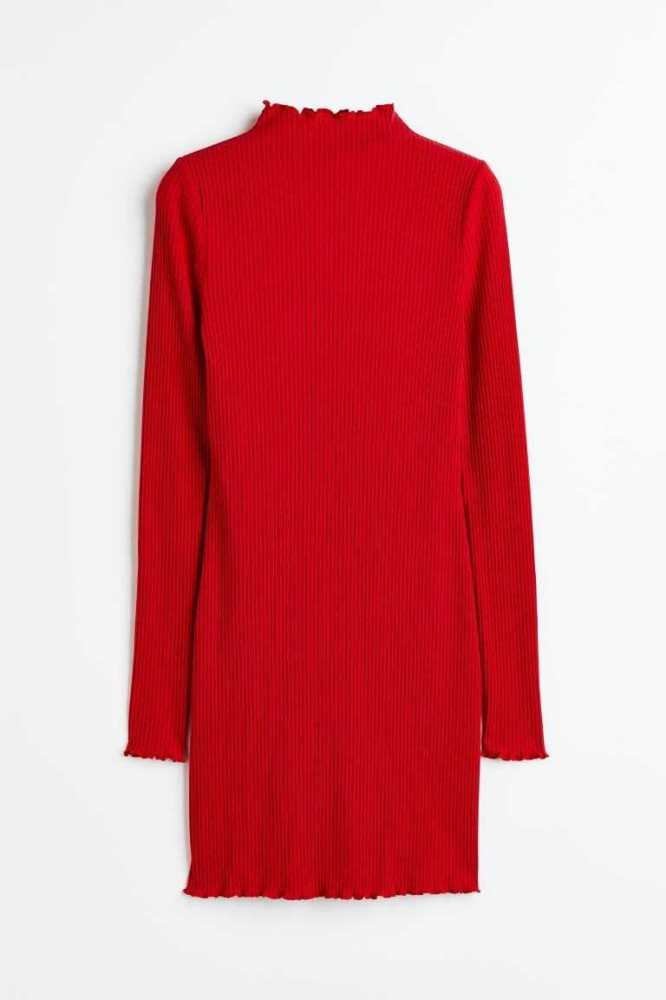 H&M Gerippt Mock Turtleneck Kleider Damen Rot | 8964-IALNW