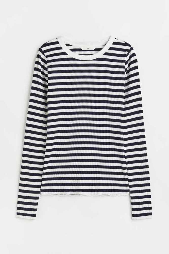 H&M Gerippt Oberteile Damen Weiß | 6049-KJNBT